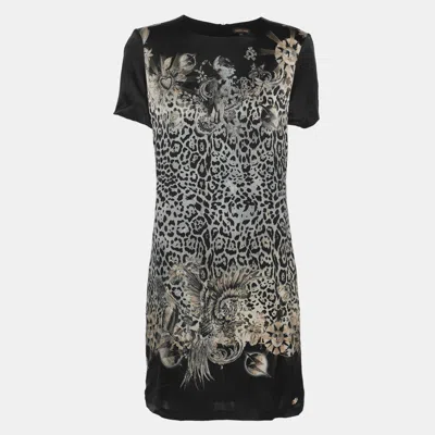 Roberto Cavalli Black Multicolor Printed Satin Mini Dress