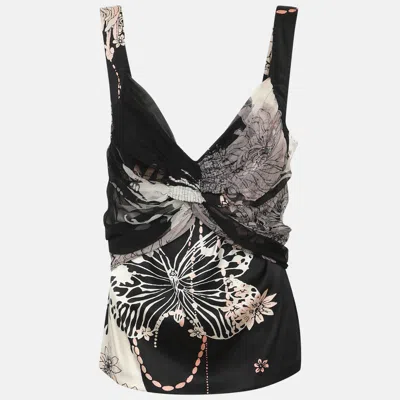 Pre-owned Roberto Cavalli Black Multicolor Printed Stretch Satin Camisole L