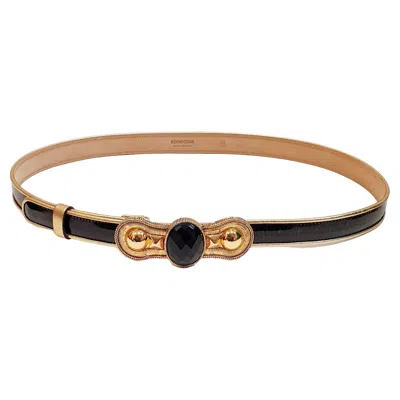Pre-owned Roberto Cavalli Black Patent Leather Gold Tone Logo Stone Buckle