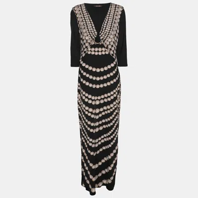 Pre-owned Roberto Cavalli Black Pearl Print Stretch Satin Long Sleeve Maxi Dress L