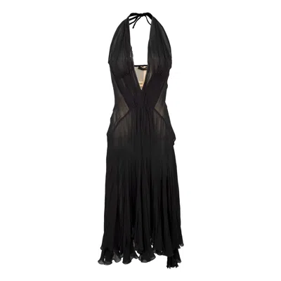 Roberto Cavalli Black Plunge Neck Corset Dress - '00s