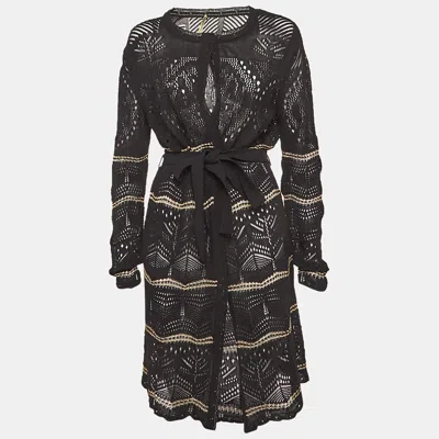 Roberto Cavalli Black Pointelle Knit Belted Cardigan