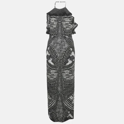 Pre-owned Roberto Cavalli Black Print Crepe Halter Neck Maxi Dress M