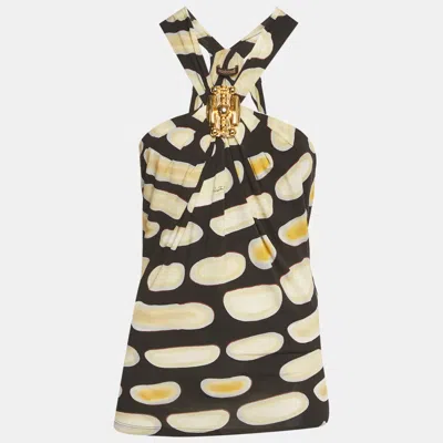 Pre-owned Roberto Cavalli Black Printed Jersey Brooch Detail Halter Neck Top S