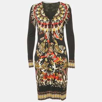 Pre-owned Roberto Cavalli Black Printed Jersey Short Dress M