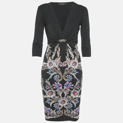 Pre-owned Roberto Cavalli Black Printed Jersey Short Dress M