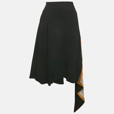 Pre-owned Roberto Cavalli Black Printed Silk Scarf Trim Crepe Asymmetric Skirt S