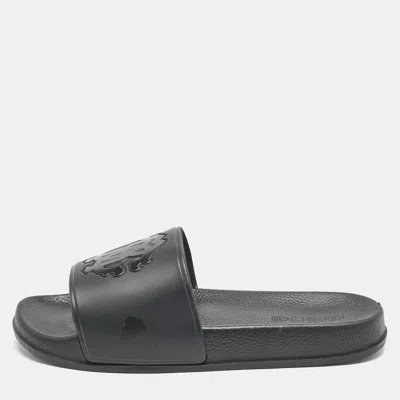 Pre-owned Roberto Cavalli Black Rubber Logo Flat Slides Size 39
