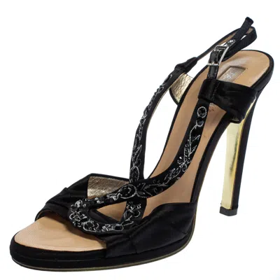 Pre-owned Roberto Cavalli Black Satin Embellished Slingback Sandals Size 37.5