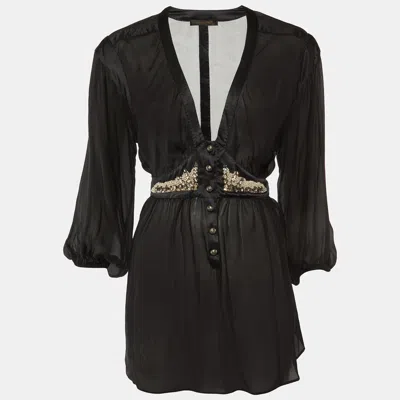 Pre-owned Roberto Cavalli Black Silk Chiffon & Satin Trim Detail Tunic Top M