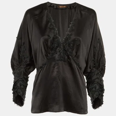 Pre-owned Roberto Cavalli Black Silk Floral Applique Detail Blouse M