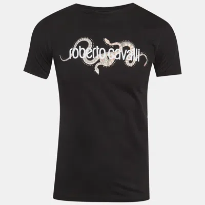 Pre-owned Roberto Cavalli Black Snake Graphic Logo Crew Neck T-shirt S
