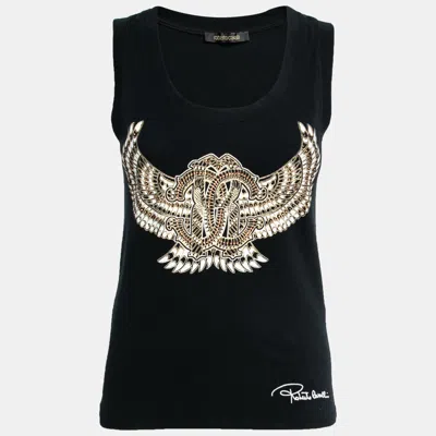 Roberto Cavalli Black Stretch Cotton Printed Tank Top