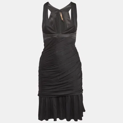 Pre-owned Roberto Cavalli Black Stretch Crepe Ruche Midi Dress S