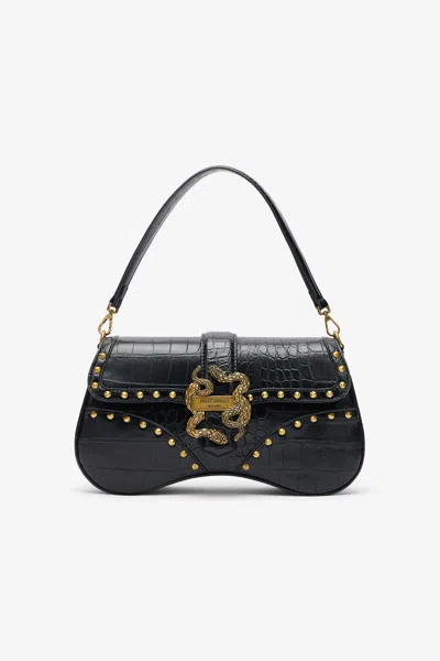 Roberto Cavalli Black Studded Saddle Shoulder Bag With Snake Buckle