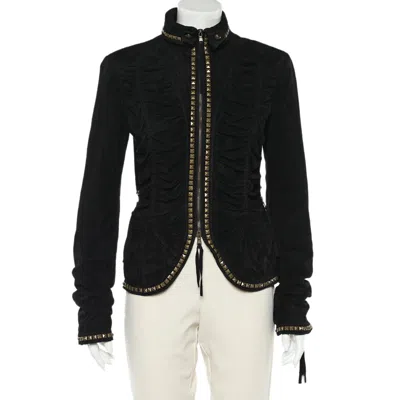 Roberto Cavalli Black Studded Suede Zip Front Ruched Jacket