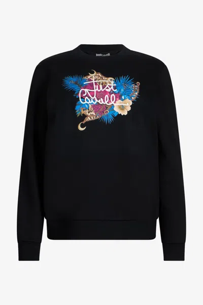 Roberto Cavalli Black Sweatshirt With Floral Logo Print