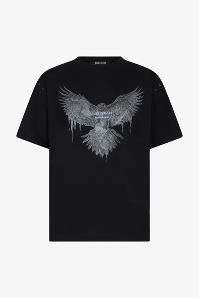 Roberto Cavalli Black T-shirt With Eagle Print And Studs