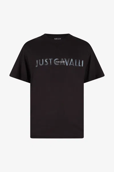 Roberto Cavalli Black T-shirt With Just Cavalli Logo In Brown