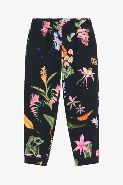 Roberto Cavalli Black Track Pants With Tropical Print In Multi