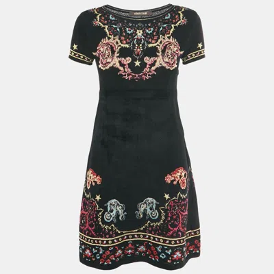 Pre-owned Roberto Cavalli Black Velvet Knit Crewneck Mini Dress M
