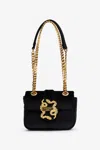 Roberto Cavalli Black Velvet Shoulder Bag Snake Buckle In Black