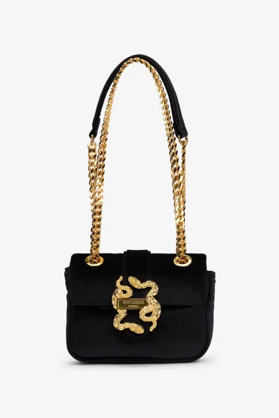 Roberto Cavalli Black Velvet Shoulder Bag Snake Buckle
