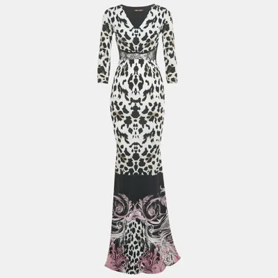 Pre-owned Roberto Cavalli Black /white Animal Print Lace Detail Jersey Maxi Dress S