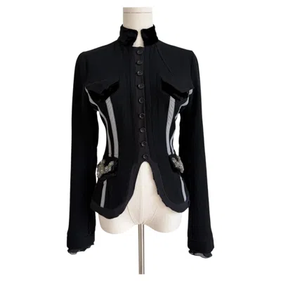 Pre-owned Roberto Cavalli Black Wool Jacket With Grey Stripes & Crystal Pocket Accents In Gray