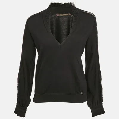 Pre-owned Roberto Cavalli Black Wool Ruffle Neck Detail V-neck Sweater M