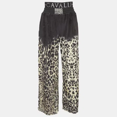 Pre-owned Roberto Cavalli Black/beige Animal Printed Velvet Double Waist Pants L