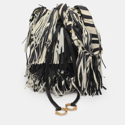 Pre-owned Roberto Cavalli Black/cream Leather Fringes Bucket Bag