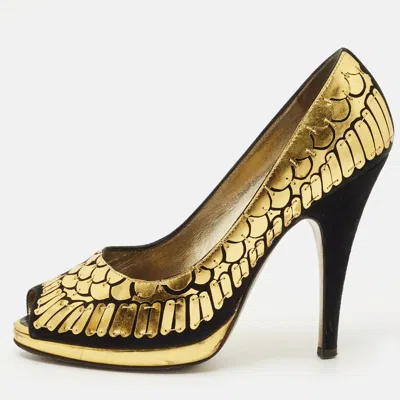 Roberto Cavalli Black/gold Suede Scale Embellish Peep Toe Pumps