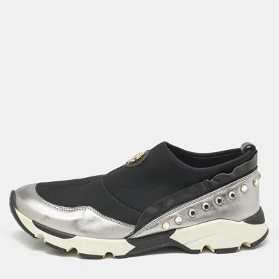 Pre-owned Roberto Cavalli Black/silver Nylon And Leather Crystal Embellished Slip On Sneakers Size 38
