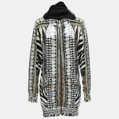 Roberto Cavalli Black/white Printed Velvet Zip Front Hooded Jacket