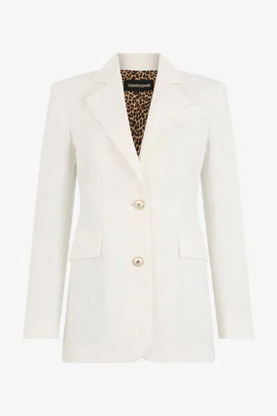 Roberto Cavalli Cotton Jacquard Blazer With Leopard Print In White