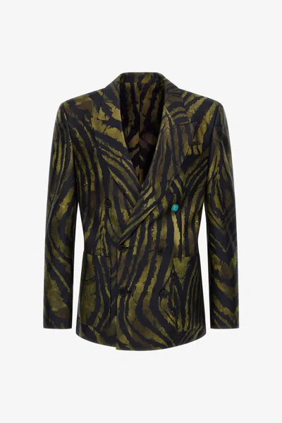 Roberto Cavalli Blazer With Freedom Print In Dark Green/black
