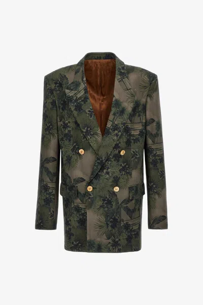 Roberto Cavalli Blazer With Hawaii Green Print In Dark Green