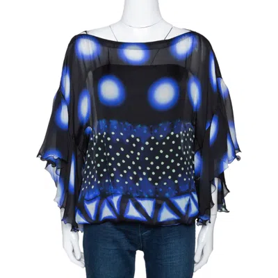 Roberto Cavalli Blue & Black Printed Silk Sheer Blouse