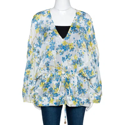 Roberto Cavalli Blue & White Floral Print Silk Sheer Kaftan Top In Multi