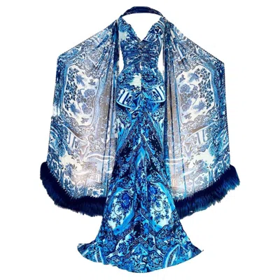Pre-owned Roberto Cavalli Blue & White Ming Gown Dress With Fur Trim Wrap S/s 2005 Sz 42it