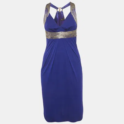 Pre-owned Roberto Cavalli Blue Beaded Jersey Short Dress S
