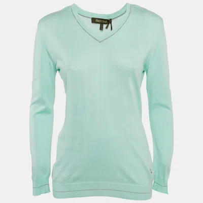 Pre-owned Roberto Cavalli Blue Cotton V-neck Long Sleeve Sweater Xxl