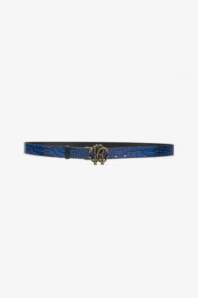 Roberto Cavalli Blue Croc-embossed Logo Belt With Monogram Rc