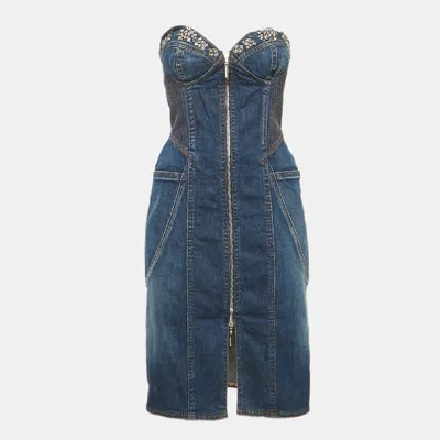 Pre-owned Roberto Cavalli Blue Denim Embellished Bustier Mini Dress M