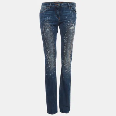 Pre-owned Roberto Cavalli Blue Denim Ripped Bead Embellished Jeans M/waist 30"