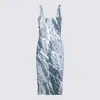 Roberto Cavalli Square Neckline Midi Length Dress With Ruched Detailing In Blue