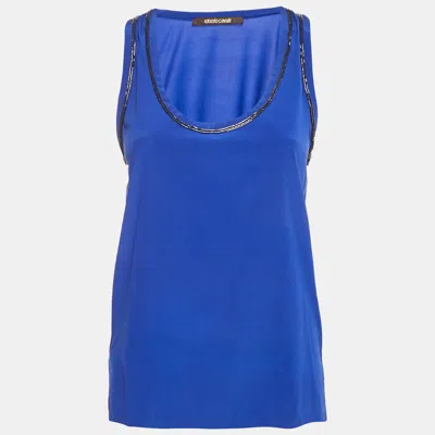 Pre-owned Roberto Cavalli Blue Embellished Silk Sleeveless Top S