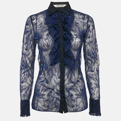 Pre-owned Roberto Cavalli Blue Embroidered Tulle Frilled Sheer Shirt S