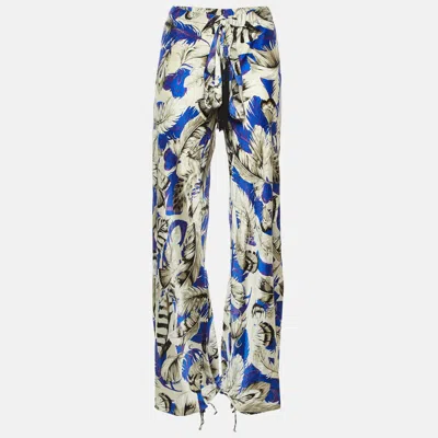 Pre-owned Roberto Cavalli Blue Feather Print Satin Wide Leg Trousers M